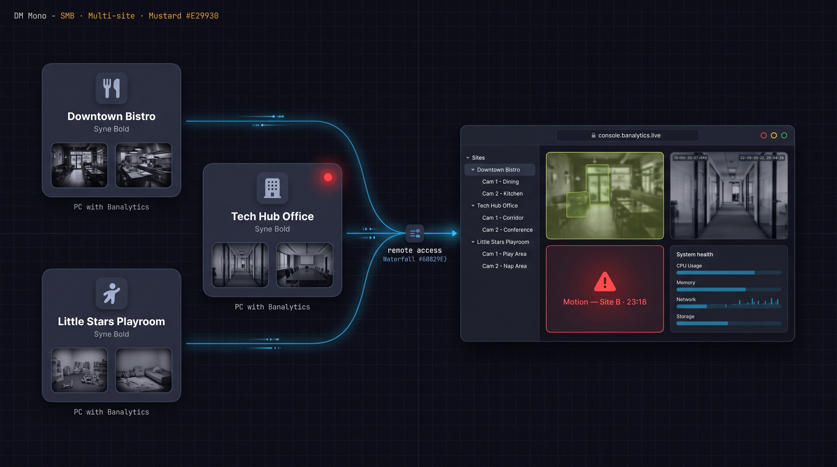 Multi-site Banalytics setup showing each location with its own server and all sites visible from one browser dashboard